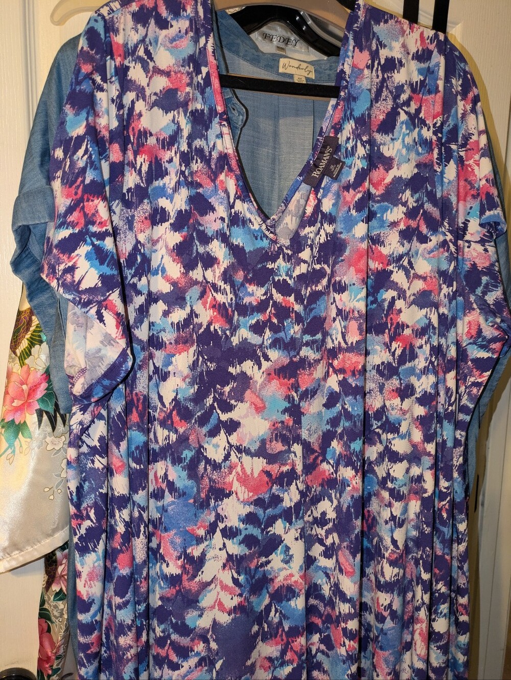 Roamans Violeta Patterned V-Neck Women’s Swing Dress - Blue Pink White